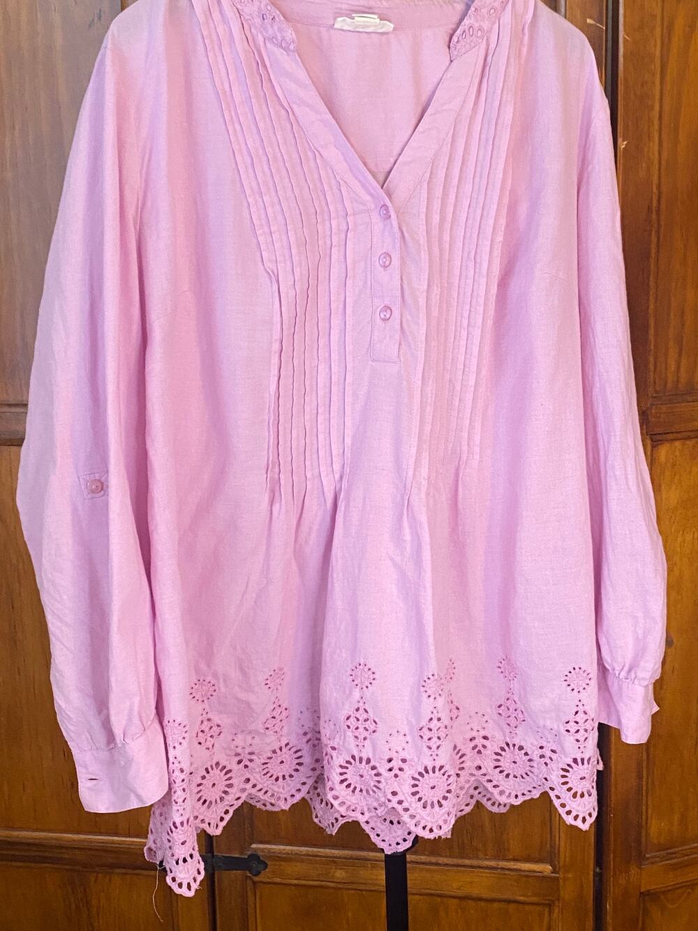 Style & Co Woman 3X Pink Cotton Eyelet Embroidered Tunic Blouse Pintuck Boho
